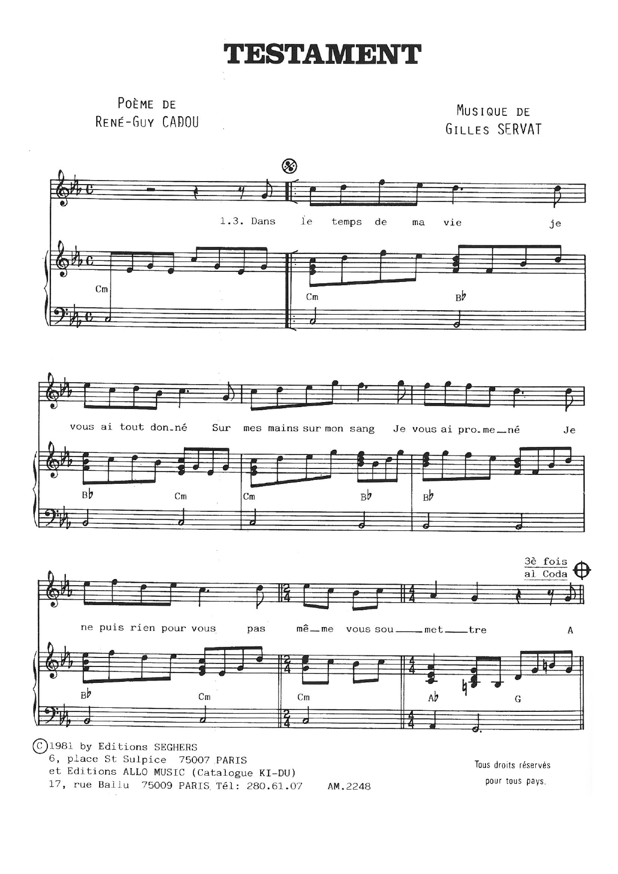 Learn to play Gilles Servat Testament sheet music for Piano & Vocal in minutes. Price: 7.8900$ Gilles Servat Testament sheet music notes and chords arranged for Piano & Vocal