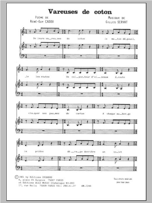 Learn to play Gilles Servat Vareuses De Coton sheet music for Piano & Vocal in minutes. Price: 7.8900$ Gilles Servat Vareuses De Coton sheet music notes and chords arranged for Piano & Vocal