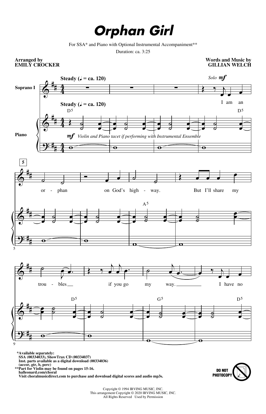 Learn to play Gillian Welch Orphan Girl (arr. Emily Crocker) sheet music for SSA Choir in minutes. Price: 3.9900$ Gillian Welch Orphan Girl (arr. Emily Crocker) sheet music notes and chords arranged for SSA Choir