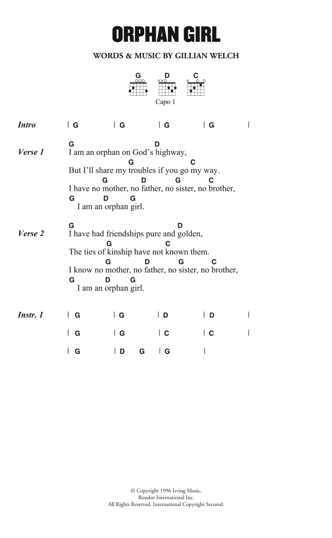 Gillian Welch Orphan Girl sheet music notes and chords. Download Printable PDF.