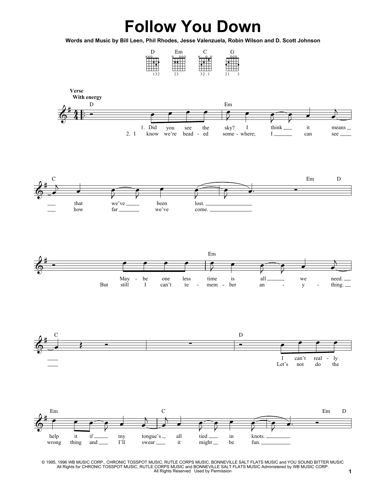 Gin Blossoms Follow You Down sheet music notes and chords. Download Printable PDF.