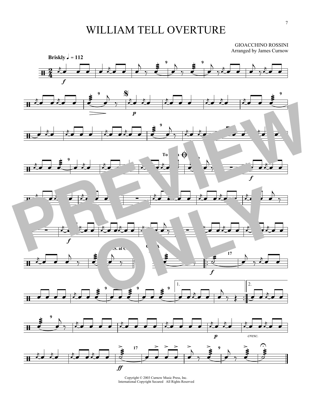 Learn to play Gioacchino Rossini William Tell Overture (arr. James Curnow) sheet music for Snare Drum Solo in minutes. Price: 6.9900$ Gioacchino Rossini William Tell Overture (arr. James Curnow) sheet music notes and chords arranged for Snare Drum Solo