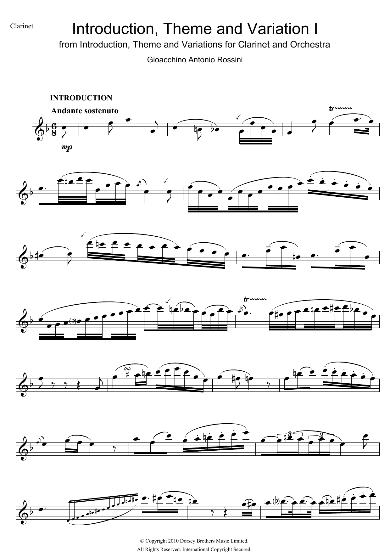 Gioachino Rossini Introduction, Theme And Variations For Clarinet and Orchestra sheet music notes and chords. Download Printable PDF.