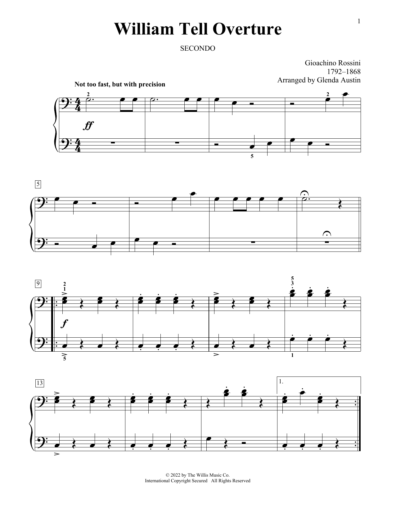 Learn to play Gioachino Rossini William Tell Overture (arr. Glenda Austin) sheet music for Piano Duet in minutes. Price: 7.8900$ Gioachino Rossini William Tell Overture (arr. Glenda Austin) sheet music notes and chords arranged for Piano Duet