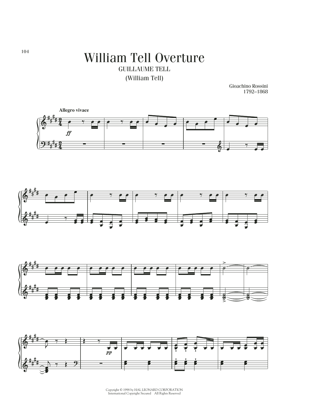 Gioachino Rossini William Tell Overture sheet music notes and chords. Download Printable PDF.