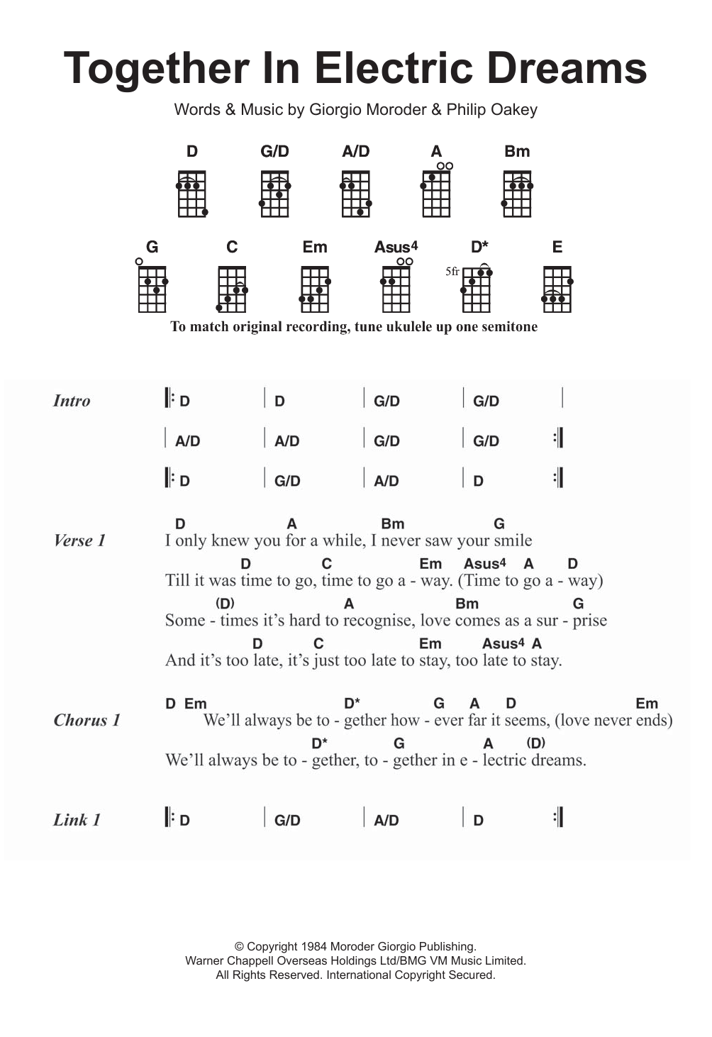 Learn to play Giorgio Moroder & Philip Oakey Together In Electric Dreams sheet music for Ukulele in minutes. Price: 5.9900$ Giorgio Moroder & Philip Oakey Together In Electric Dreams sheet music notes and chords arranged for Ukulele