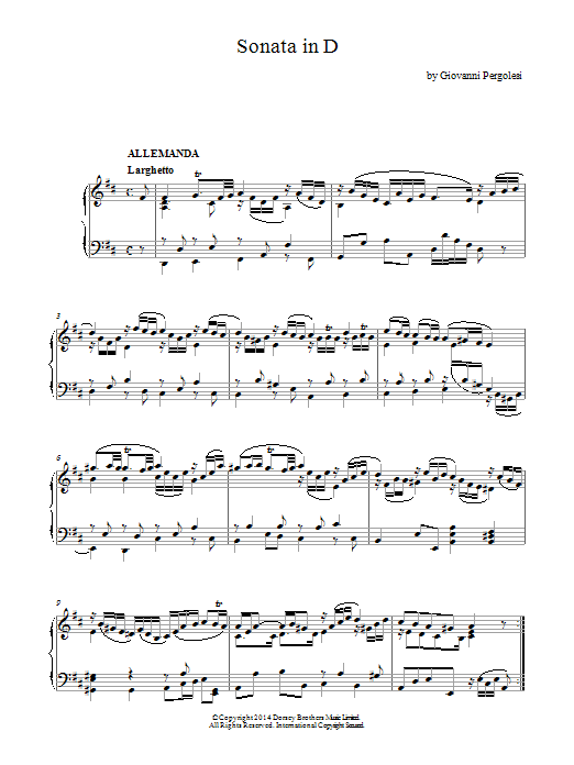Learn to play Giovanni Battista Pergolesi Harpsichord Sonata In D Major sheet music for Piano Solo in minutes. Price: 7.8900$ Giovanni Battista Pergolesi Harpsichord Sonata In D Major sheet music notes and chords arranged for Piano Solo
