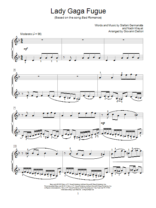 Giovanni Dettori Lady Gaga Fugue sheet music notes and chords. Download Printable PDF.