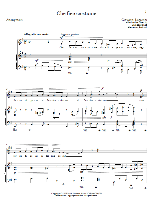 Giovanni Legrenzi Che Fiero Costume sheet music notes and chords. Download Printable PDF.