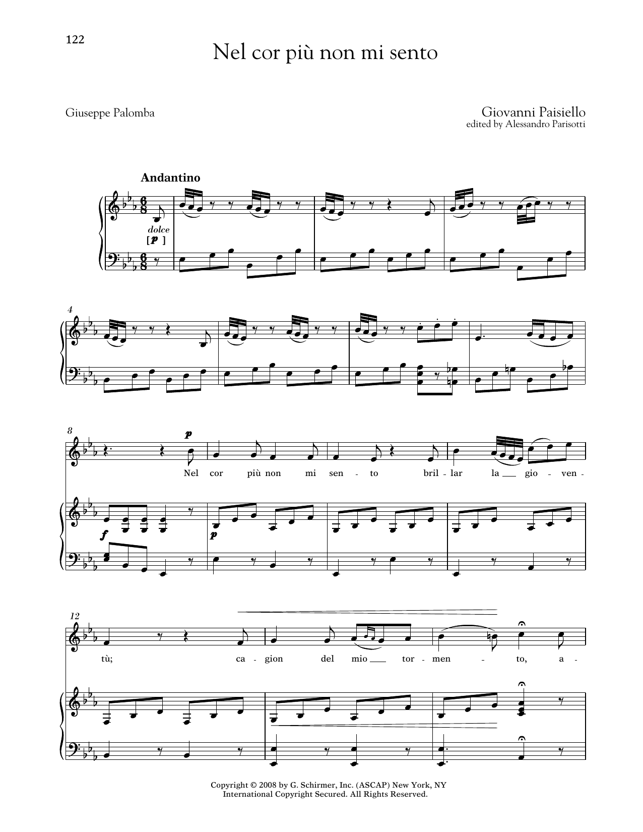 Learn to play Giovanni Paisiello Nel Cor Piu Non Mi Sento (Medium Low Voice) sheet music for Piano & Vocal in minutes. Price: 7.8900$ Giovanni Paisiello Nel Cor Piu Non Mi Sento (Medium Low Voice) sheet music notes and chords arranged for Piano & Vocal