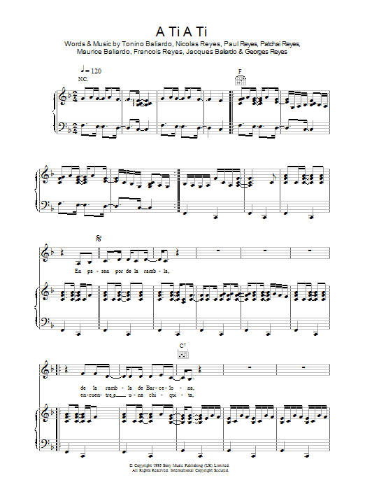 Learn to play Gipsy Kings A Ti A Ti sheet music for Piano, Vocal & Guitar Chords in minutes. Price: 7.8900$ Gipsy Kings A Ti A Ti sheet music notes and chords arranged for Piano, Vocal & Guitar Chords