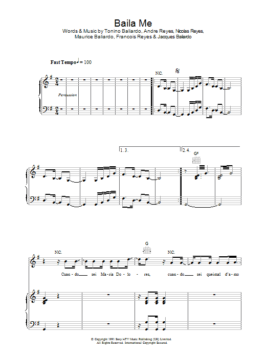 Gipsy Kings Baila Me sheet music notes and chords. Download Printable PDF.