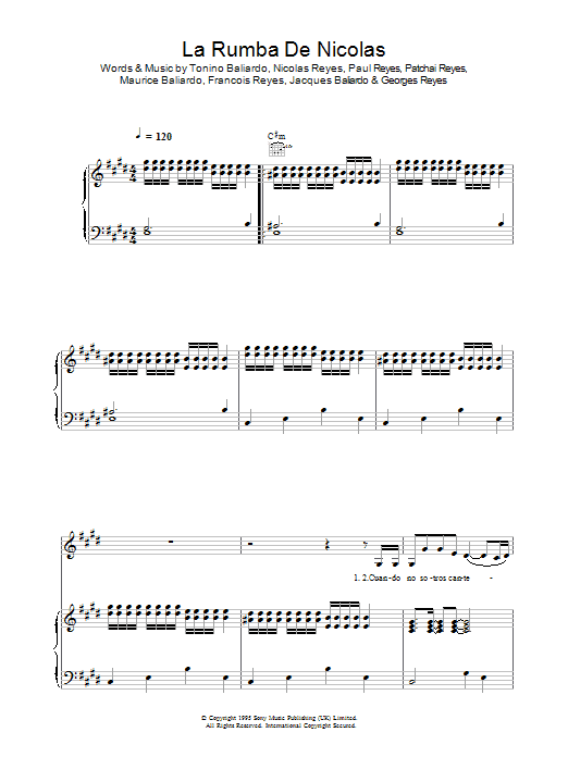 Learn to play Gipsy Kings La Rumba De Nicolas sheet music for Piano, Vocal & Guitar Chords in minutes. Price: 7.8900$ Gipsy Kings La Rumba De Nicolas sheet music notes and chords arranged for Piano, Vocal & Guitar Chords