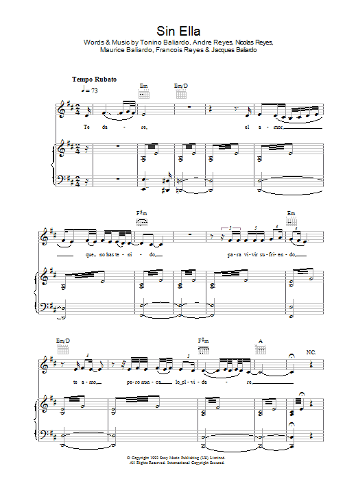 Learn to play Gipsy Kings Sin Ella sheet music for Piano, Vocal & Guitar Chords in minutes. Price: 7.8900$ Gipsy Kings Sin Ella sheet music notes and chords arranged for Piano, Vocal & Guitar Chords