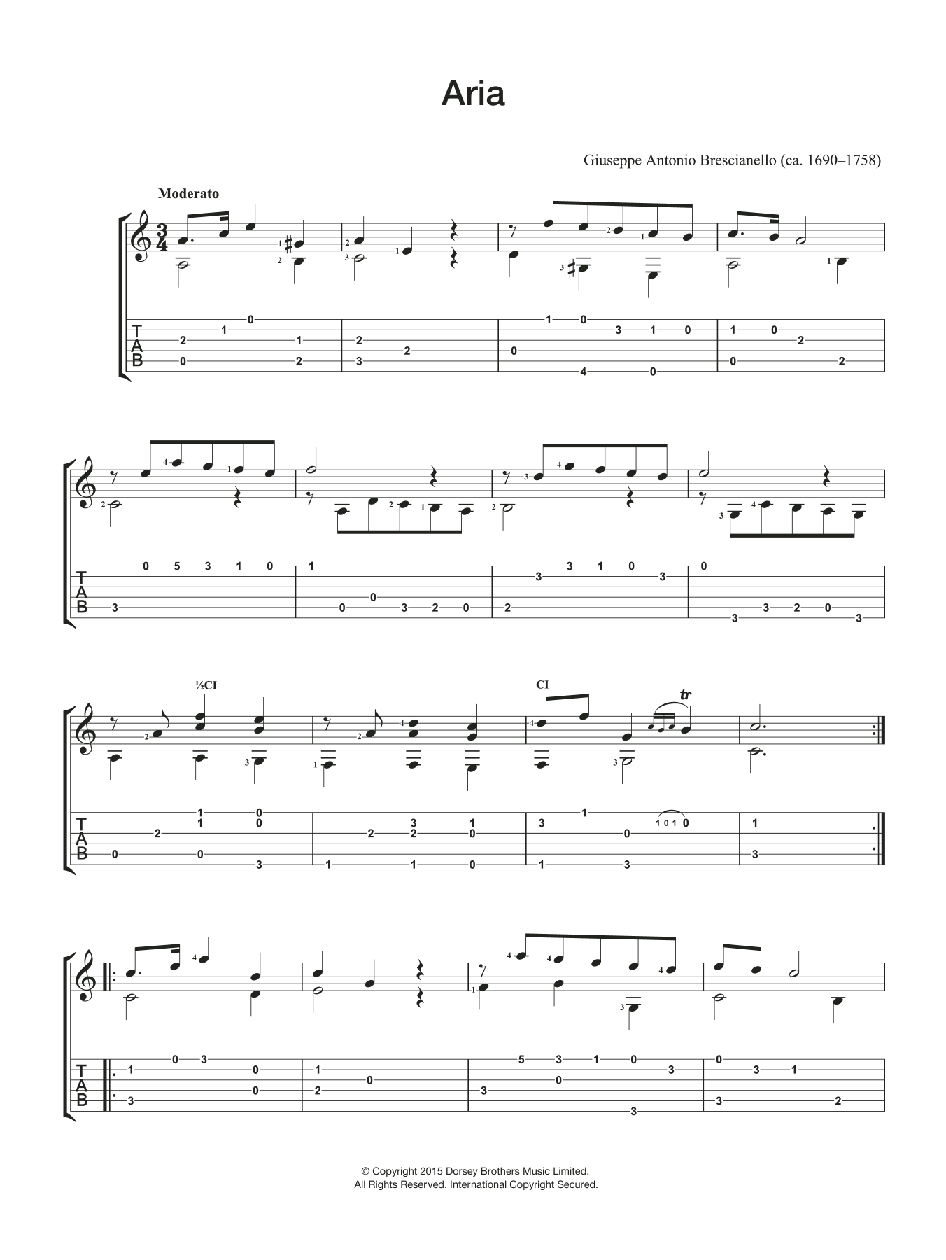 Giuseppe Antonio Brescianello Aria sheet music notes and chords arranged for Easy Guitar