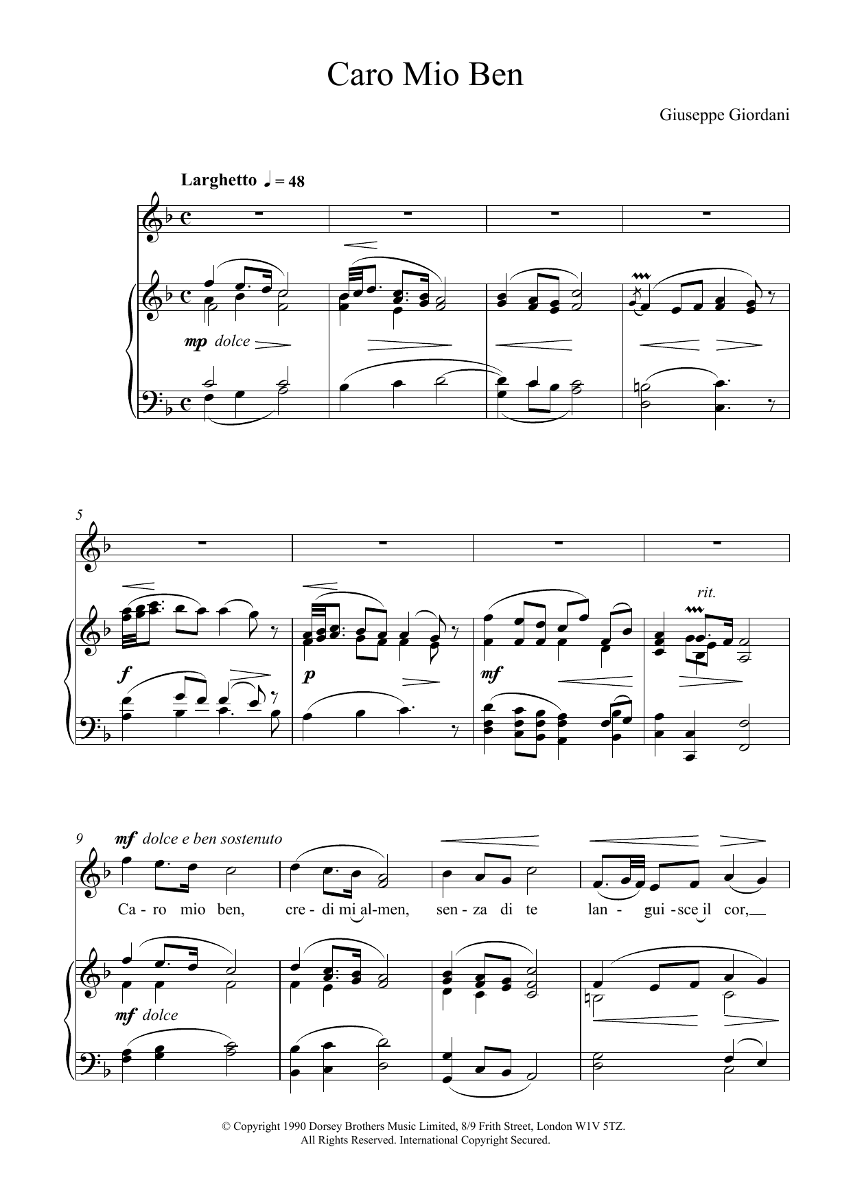 Giuseppe Giordani Caro Mio Ben sheet music notes and chords. Download Printable PDF.