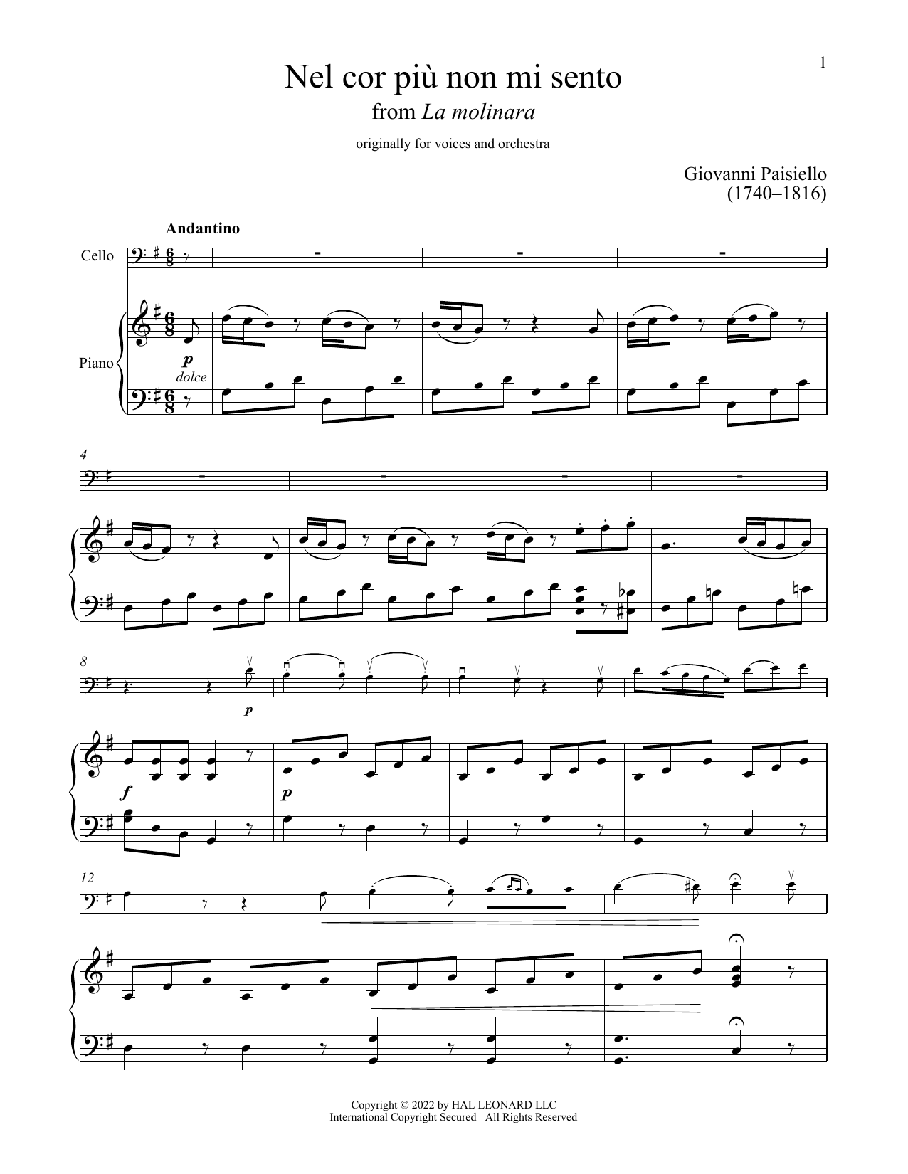 Giuseppe Palomba Nel Cor Piu Non Mi Sento sheet music notes and chords arranged for Cello and Piano