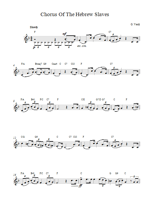 Learn to play Giuseppe Verdi Chorus Hebrew Slaves sheet music for Lead Sheet / Fake Book in minutes. Price: 5.9900$ Giuseppe Verdi Chorus Hebrew Slaves sheet music notes and chords arranged for Lead Sheet / Fake Book