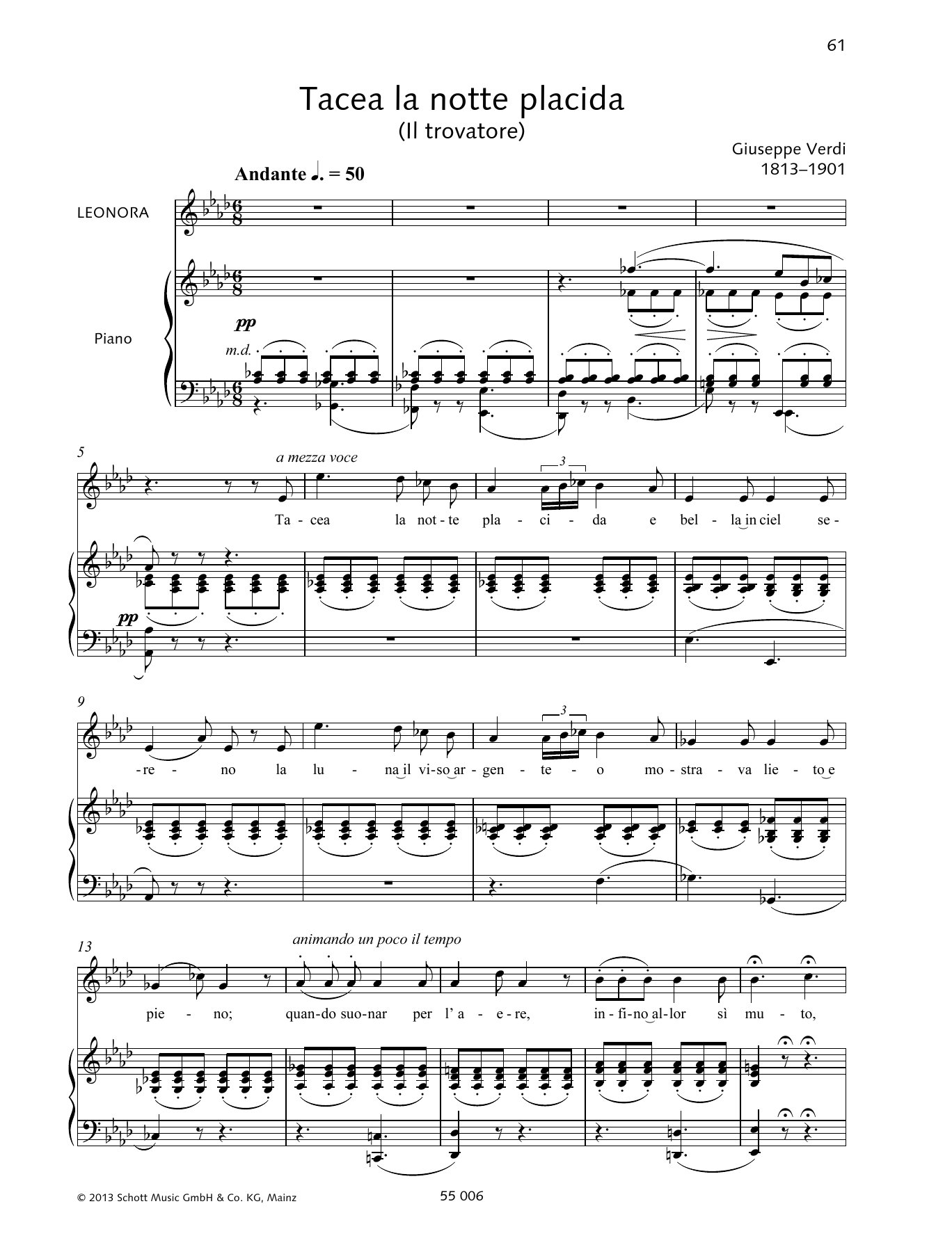 Giuseppe Verdi Tacea la notte placida sheet music notes and chords. Download Printable PDF.