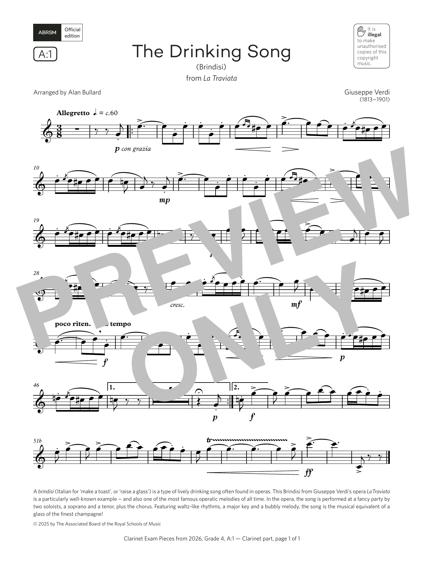 Learn to play Giuseppe Verdi The Drinking Song (Grade 4, list A1, from the ABRSM Clarinet Syllabus from 2026) sheet music for Clarinet Solo in minutes. Price: 5.9900$ Giuseppe Verdi The Drinking Song (Grade 4, list A1, from the ABRSM Clarinet Syllabus from 2026) sheet music notes and chords arranged for Clarinet Solo