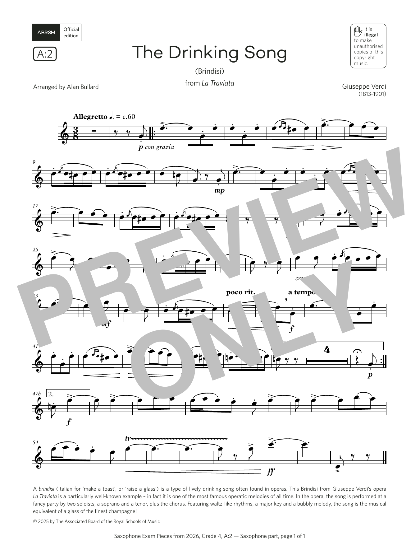 Learn to play Giuseppe Verdi The Drinking Song (Grade 4, list A2, from the ABRSM Saxophone Syllabus from 2026) sheet music for Alto Sax Solo in minutes. Price: 5.9900$ Giuseppe Verdi The Drinking Song (Grade 4, list A2, from the ABRSM Saxophone Syllabus from 2026) sheet music notes and chords arranged for Alto Sax Solo