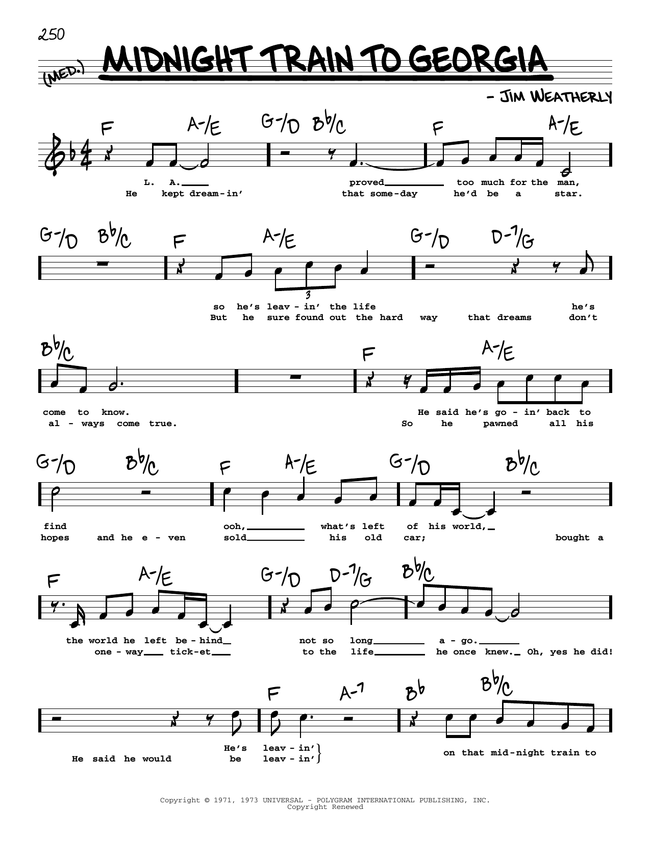 Learn to play Gladys Knight & The Pips Midnight Train To Georgia (High Voice) sheet music for Real Book – Melody, Lyrics & Chords in minutes. Price: 5.9900$ Gladys Knight & The Pips Midnight Train To Georgia (High Voice) sheet music notes and chords arranged for Real Book – Melody, Lyrics & Chords