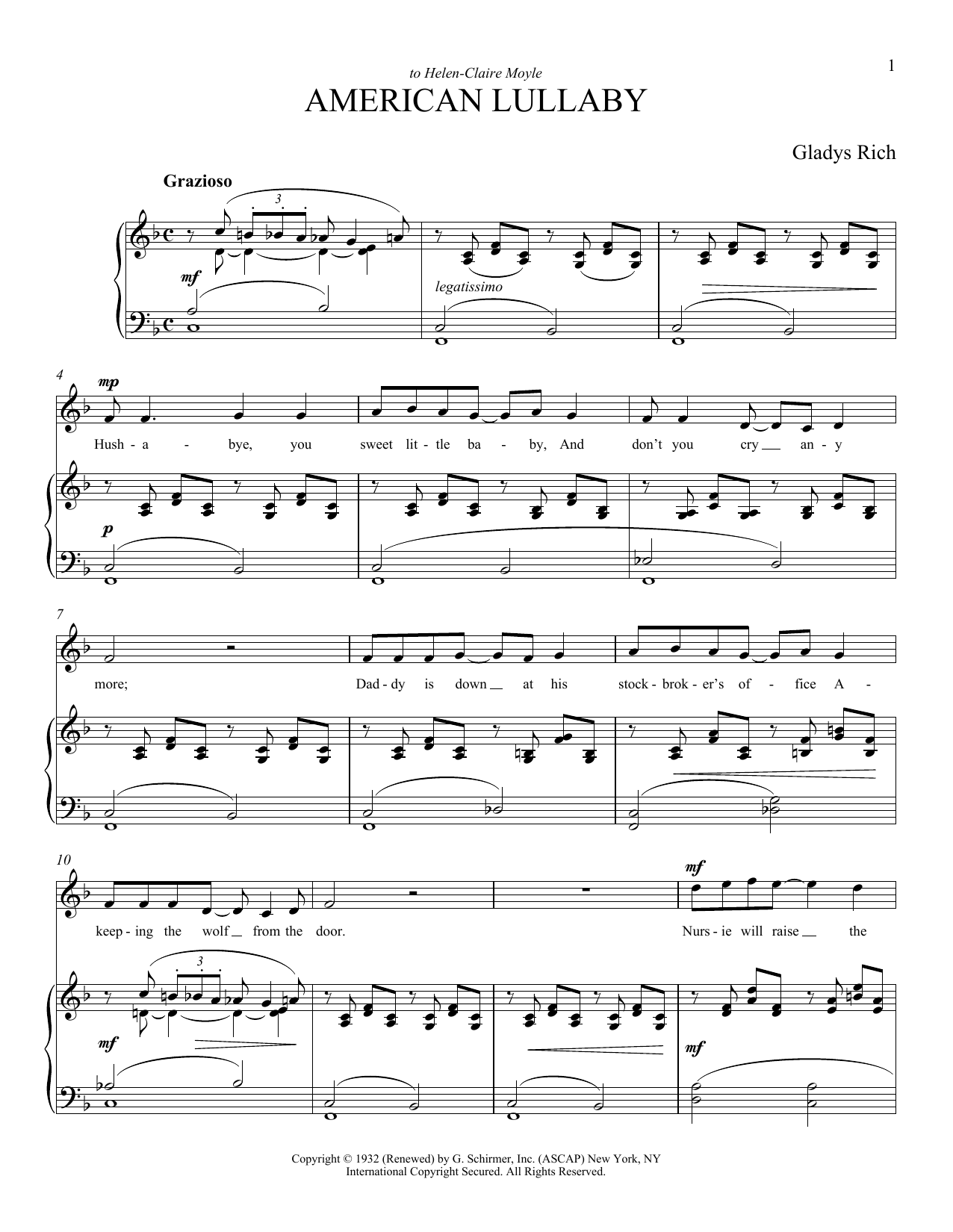 Gladys Rich American Lullaby sheet music notes and chords. Download Printable PDF.