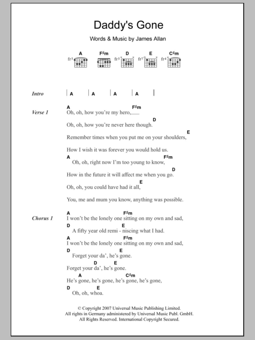 Glasvegas Daddy's Gone sheet music notes and chords. Download Printable PDF.