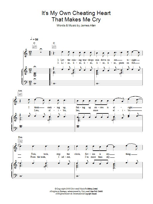 Learn to play Glasvegas It's My Own Cheating Heart That Makes Me Cry sheet music for Piano, Vocal & Guitar Chords in minutes. Price: 7.8900$ Glasvegas It's My Own Cheating Heart That Makes Me Cry sheet music notes and chords arranged for Piano, Vocal & Guitar Chords
