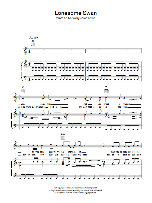Learn to play Glasvegas Lonesome Swan sheet music for Piano, Vocal & Guitar Chords in minutes. Price: 7.8900$ Glasvegas Lonesome Swan sheet music notes and chords arranged for Piano, Vocal & Guitar Chords