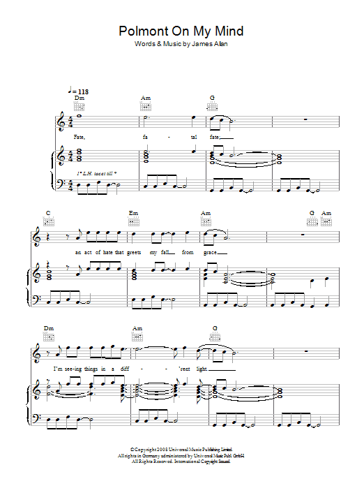 Learn to play Glasvegas Polmont On My Mind sheet music for Piano, Vocal & Guitar Chords in minutes. Price: 7.8900$ Glasvegas Polmont On My Mind sheet music notes and chords arranged for Piano, Vocal & Guitar Chords
