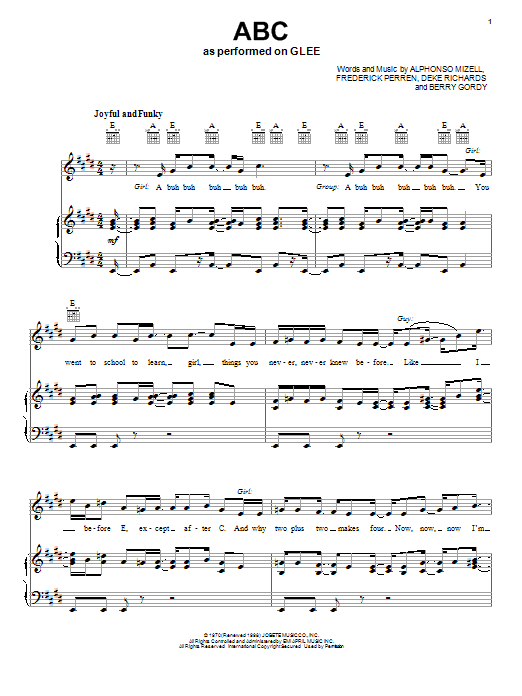 Learn to play Glee Cast ABC sheet music for Piano, Vocal & Guitar Chords (Right-Hand Melody) in minutes. Price: 7.8900$ Glee Cast ABC sheet music notes and chords arranged for Piano, Vocal & Guitar Chords (Right-Hand Melody)