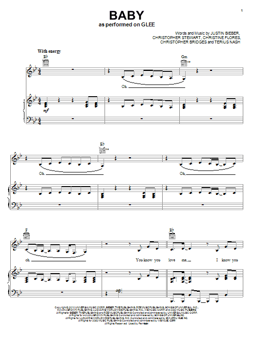 Learn to play Glee Cast Baby sheet music for Piano, Vocal & Guitar Chords in minutes. Price: 7.8900$ Glee Cast Baby sheet music notes and chords arranged for Piano, Vocal & Guitar Chords