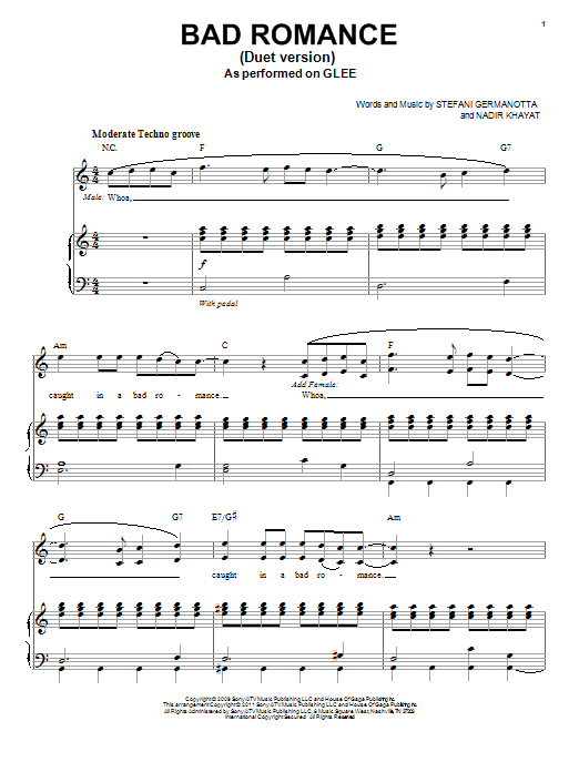 Glee Cast Bad Romance (Vocal Duet) sheet music notes and chords. Download Printable PDF.