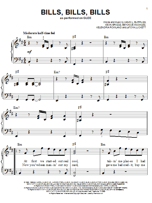 Glee Cast Bills, Bills, Bills sheet music notes and chords. Download Printable PDF.