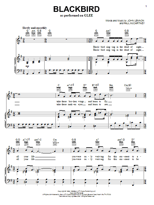 Learn to play Glee Cast Blackbird sheet music for Piano, Vocal & Guitar Chords (Right-Hand Melody) in minutes. Price: 7.8900$ Glee Cast Blackbird sheet music notes and chords arranged for Piano, Vocal & Guitar Chords (Right-Hand Melody)