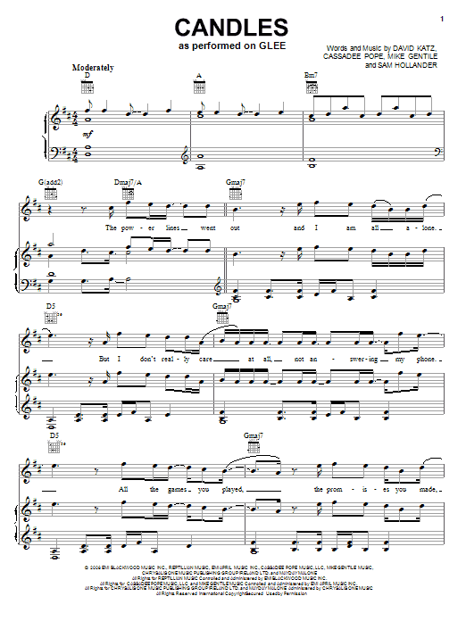Learn to play Glee Cast Candles sheet music for Piano, Vocal & Guitar Chords (Right-Hand Melody) in minutes. Price: 7.8900$ Glee Cast Candles sheet music notes and chords arranged for Piano, Vocal & Guitar Chords (Right-Hand Melody)