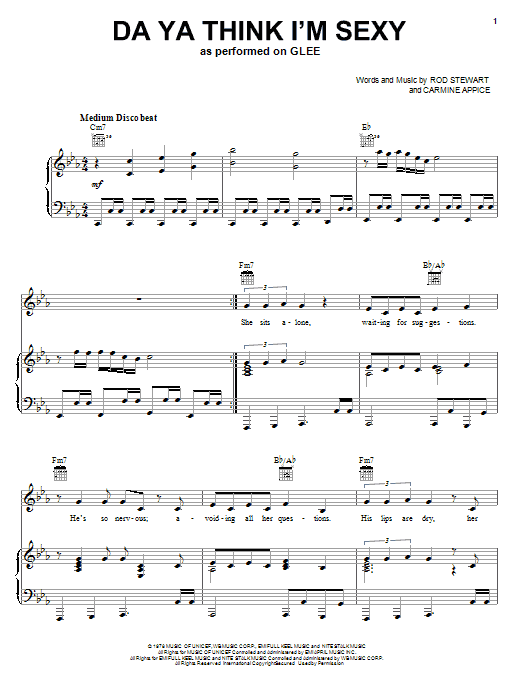 Learn to play Glee Cast Da Ya Think I'm Sexy sheet music for Piano, Vocal & Guitar Chords (Right-Hand Melody) in minutes. Price: 7.8900$ Glee Cast Da Ya Think I'm Sexy sheet music notes and chords arranged for Piano, Vocal & Guitar Chords (Right-Hand Melody)