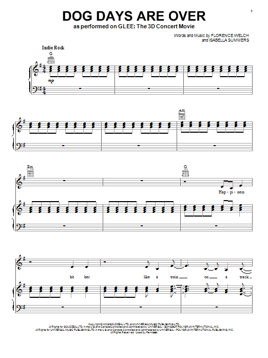Learn to play Glee Cast Dog Days Are Over sheet music for Piano, Vocal & Guitar Chords (Right-Hand Melody) in minutes. Price: 7.8900$ Glee Cast Dog Days Are Over sheet music notes and chords arranged for Piano, Vocal & Guitar Chords (Right-Hand Melody)
