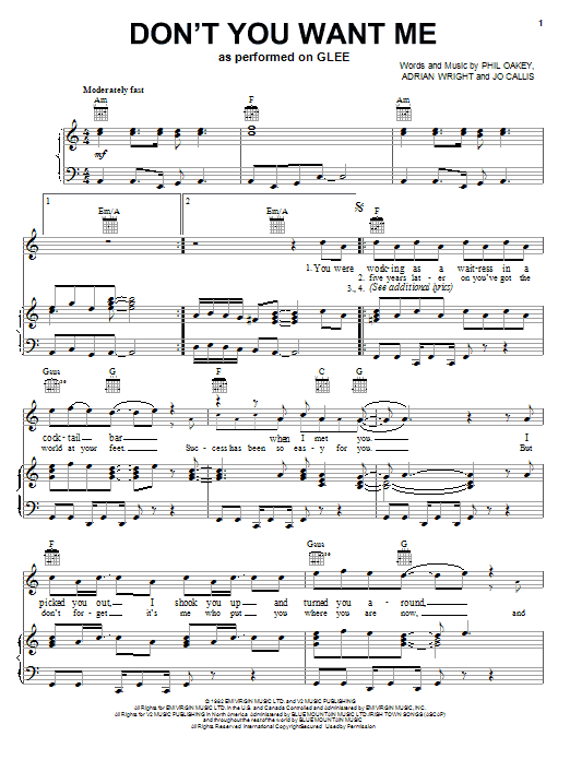 Learn to play Glee Cast Don't You Want Me sheet music for Piano, Vocal & Guitar Chords (Right-Hand Melody) in minutes. Price: 7.8900$ Glee Cast Don't You Want Me sheet music notes and chords arranged for Piano, Vocal & Guitar Chords (Right-Hand Melody)