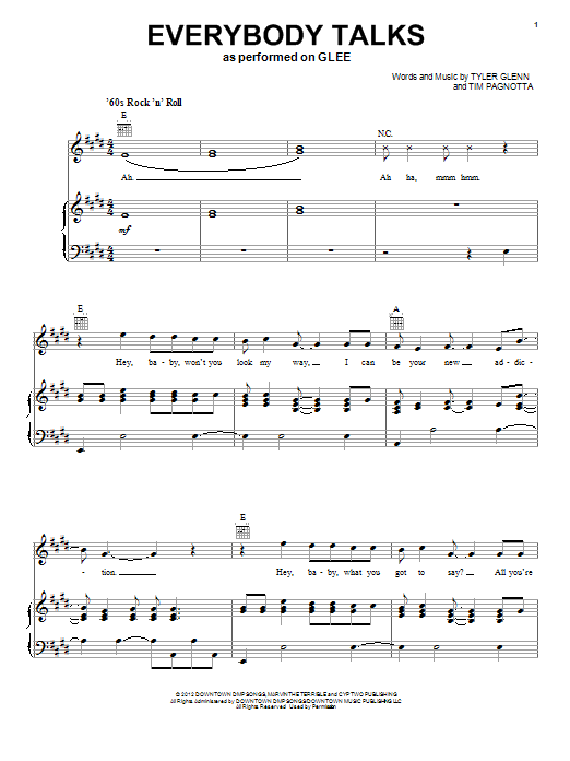 Learn to play Glee Cast Everybody Talks sheet music for Piano, Vocal & Guitar Chords (Right-Hand Melody) in minutes. Price: 7.8900$ Glee Cast Everybody Talks sheet music notes and chords arranged for Piano, Vocal & Guitar Chords (Right-Hand Melody)