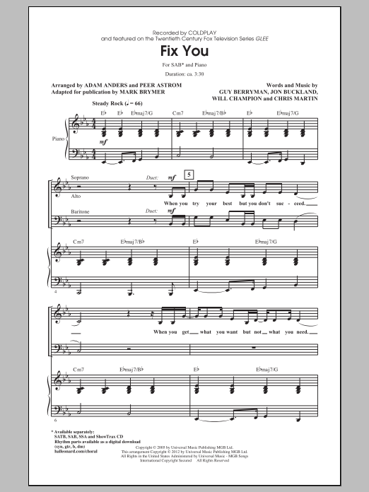 Glee Cast Fix You sheet music notes and chords. Download Printable PDF.