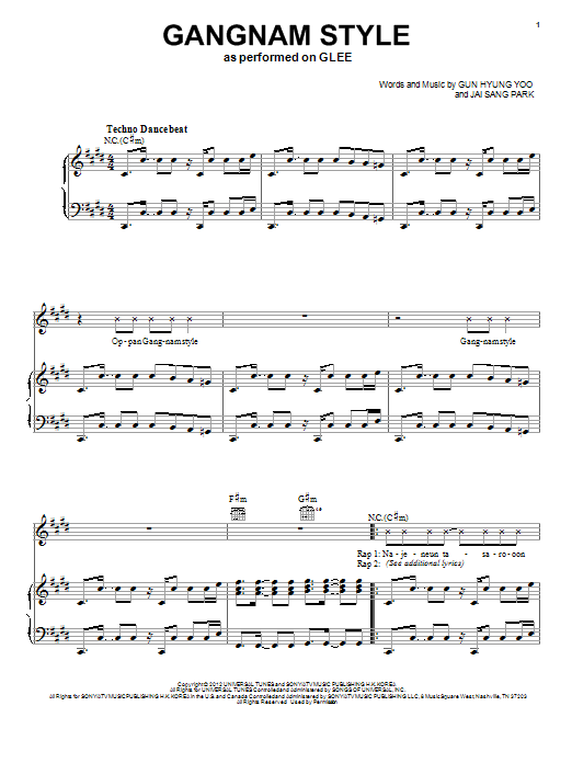 Learn to play PSY Gangnam Style sheet music for Piano, Vocal & Guitar Chords (Right-Hand Melody) in minutes. Price: 7.8900$ PSY Gangnam Style sheet music notes and chords arranged for Piano, Vocal & Guitar Chords (Right-Hand Melody)