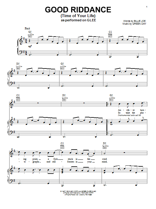 Learn to play Glee Cast Good Riddance (Time Of Your Life) sheet music for Piano, Vocal & Guitar Chords (Right-Hand Melody) in minutes. Price: 7.8900$ Glee Cast Good Riddance (Time Of Your Life) sheet music notes and chords arranged for Piano, Vocal & Guitar Chords (Right-Hand Melody)