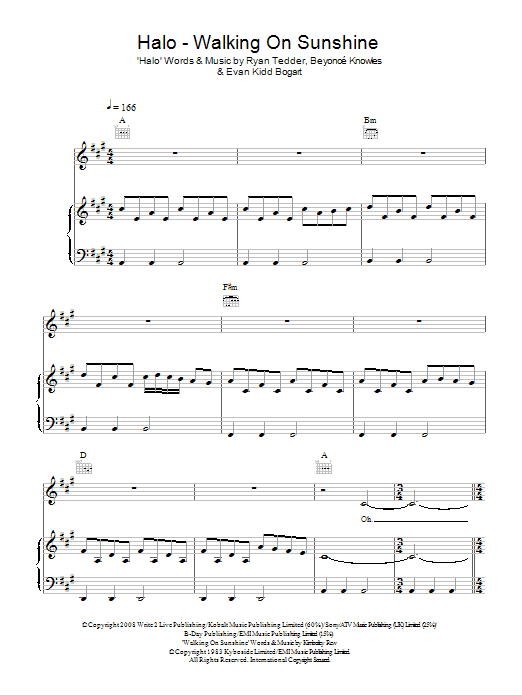 Glee Cast Halo / Walking On Sunshine sheet music notes and chords. Download Printable PDF.