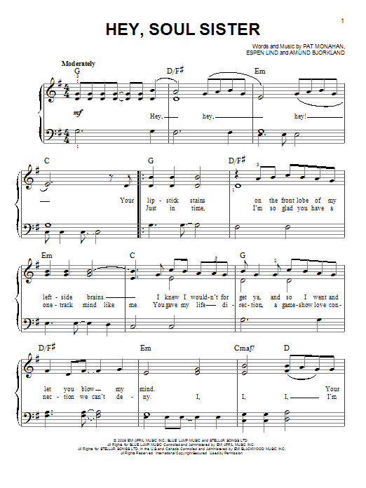 Glee Cast Hey, Soul Sister sheet music notes and chords. Download Printable PDF.