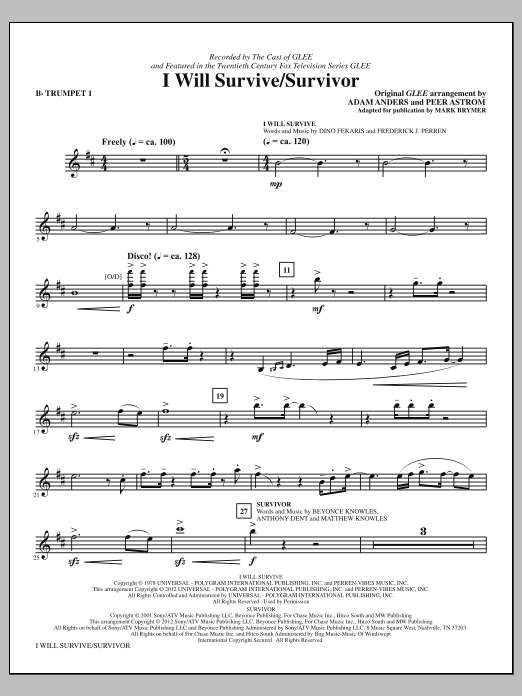 Glee Cast I Will Survive/Survivor (arr. Mark Brymer) - Bb Trumpet 1 sheet music notes and chords. Download Printable PDF.