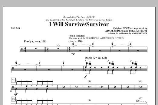 Glee Cast I Will Survive/Survivor (arr. Mark Brymer) - Drums sheet music notes and chords. Download Printable PDF.