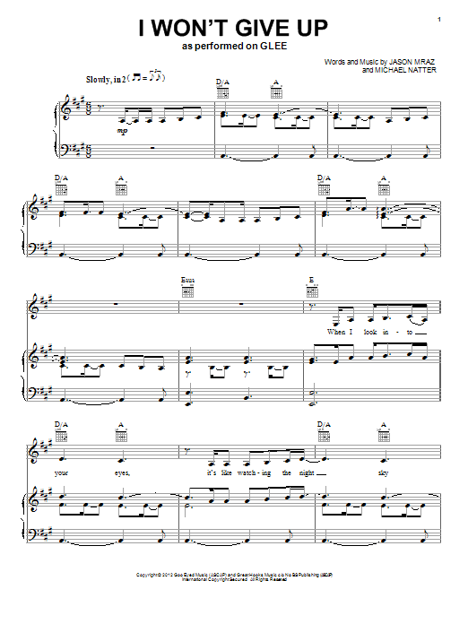 Learn to play Glee Cast I Won't Give Up sheet music for Piano, Vocal & Guitar Chords (Right-Hand Melody) in minutes. Price: 7.8900$ Glee Cast I Won't Give Up sheet music notes and chords arranged for Piano, Vocal & Guitar Chords (Right-Hand Melody)