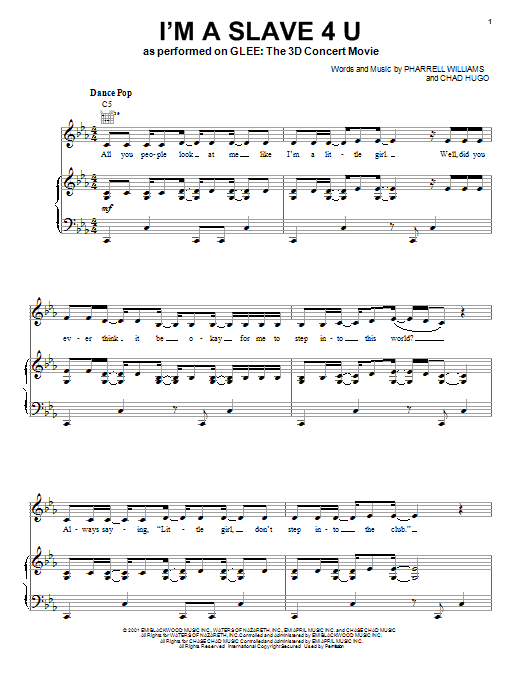 Learn to play Glee Cast I'm A Slave 4 U sheet music for Piano, Vocal & Guitar Chords (Right-Hand Melody) in minutes. Price: 7.8900$ Glee Cast I'm A Slave 4 U sheet music notes and chords arranged for Piano, Vocal & Guitar Chords (Right-Hand Melody)